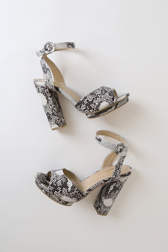 Priya Black and White Snake Print Ankle Strap Heels 4