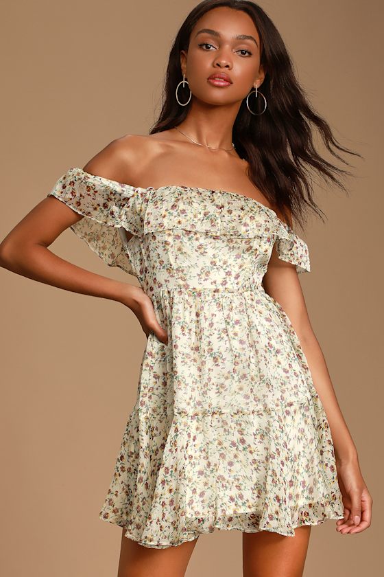 My Favorite Ivory Floral Print Off-the-Shoulder Dress 7