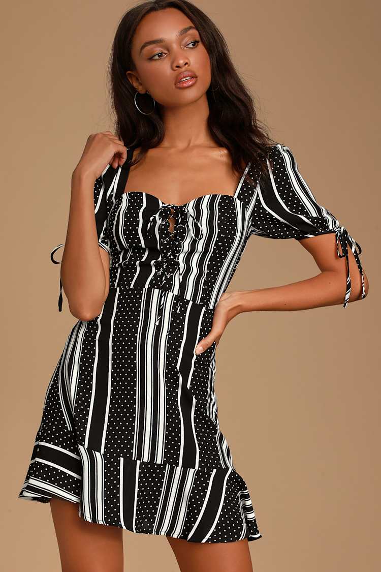 Chic Black and White Dress - Lace-Up Dress - Polka Dot Dress - Lulus
