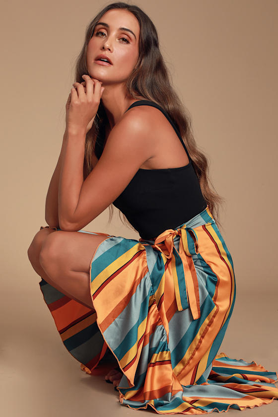 Women's Orange Satin Wrap Midi Skirt with Abstract Print - Boho Style main image 0