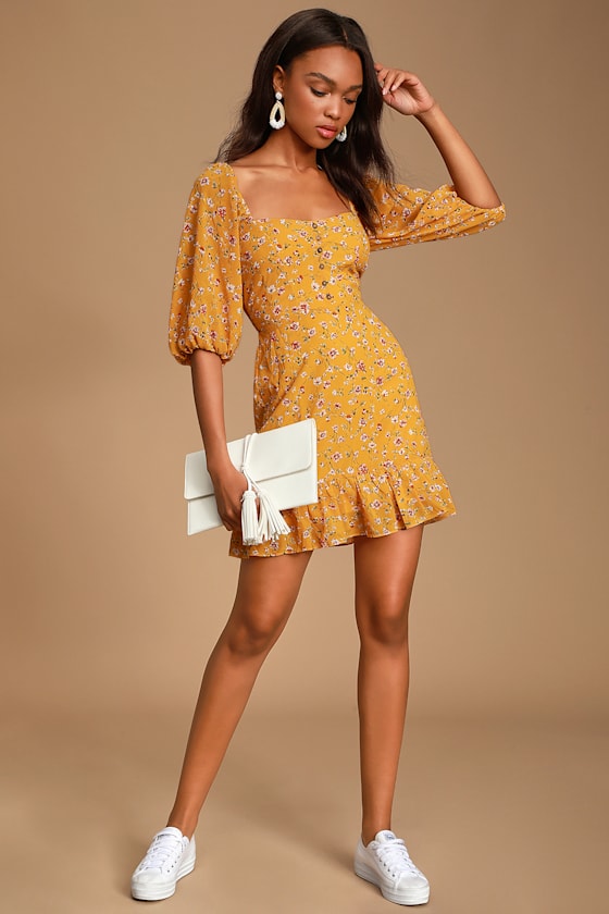 Trixiebelle Mustard Yellow Floral Print Dress 7