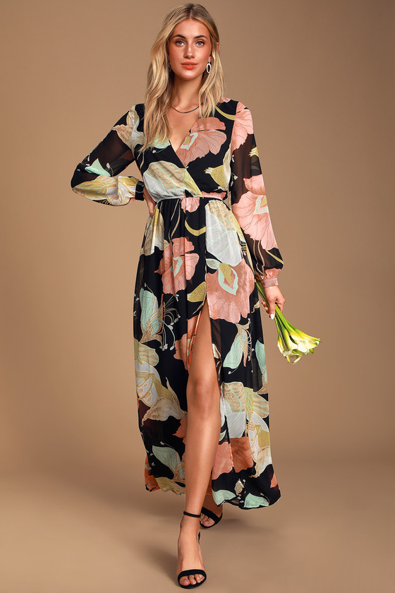 wondrous water lilies black floral print maxi dress