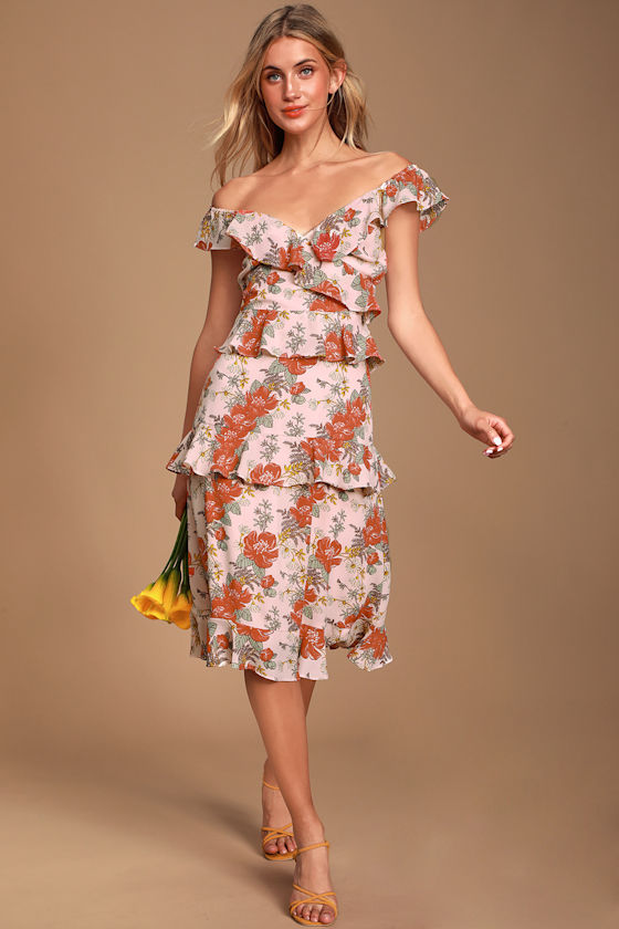 Fleur-Evermore Blush Pink Floral Print Ruffled Midi Dress 5