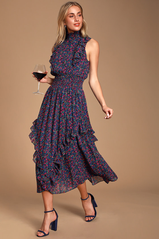 Navy Blue Floral Print Dress - Mock ...