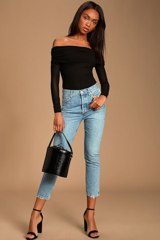 Dance to This Black Mesh Ruched Off-the-Shoulder Bodysuit 1