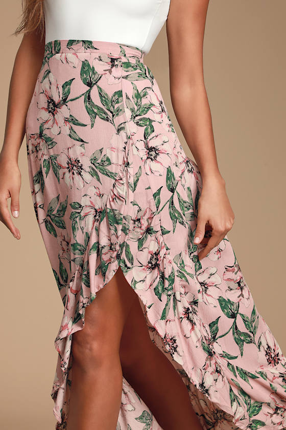 Haole Blush Pink Tropical Print Ruffled Maxi Skirt 10
