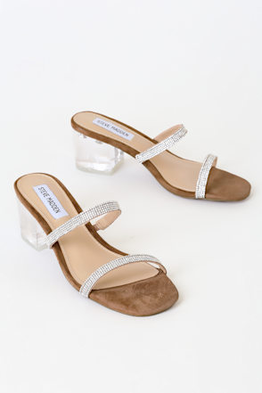 Steve Madden Issy-R Beige Rhinestone Mules Clear Block Heels