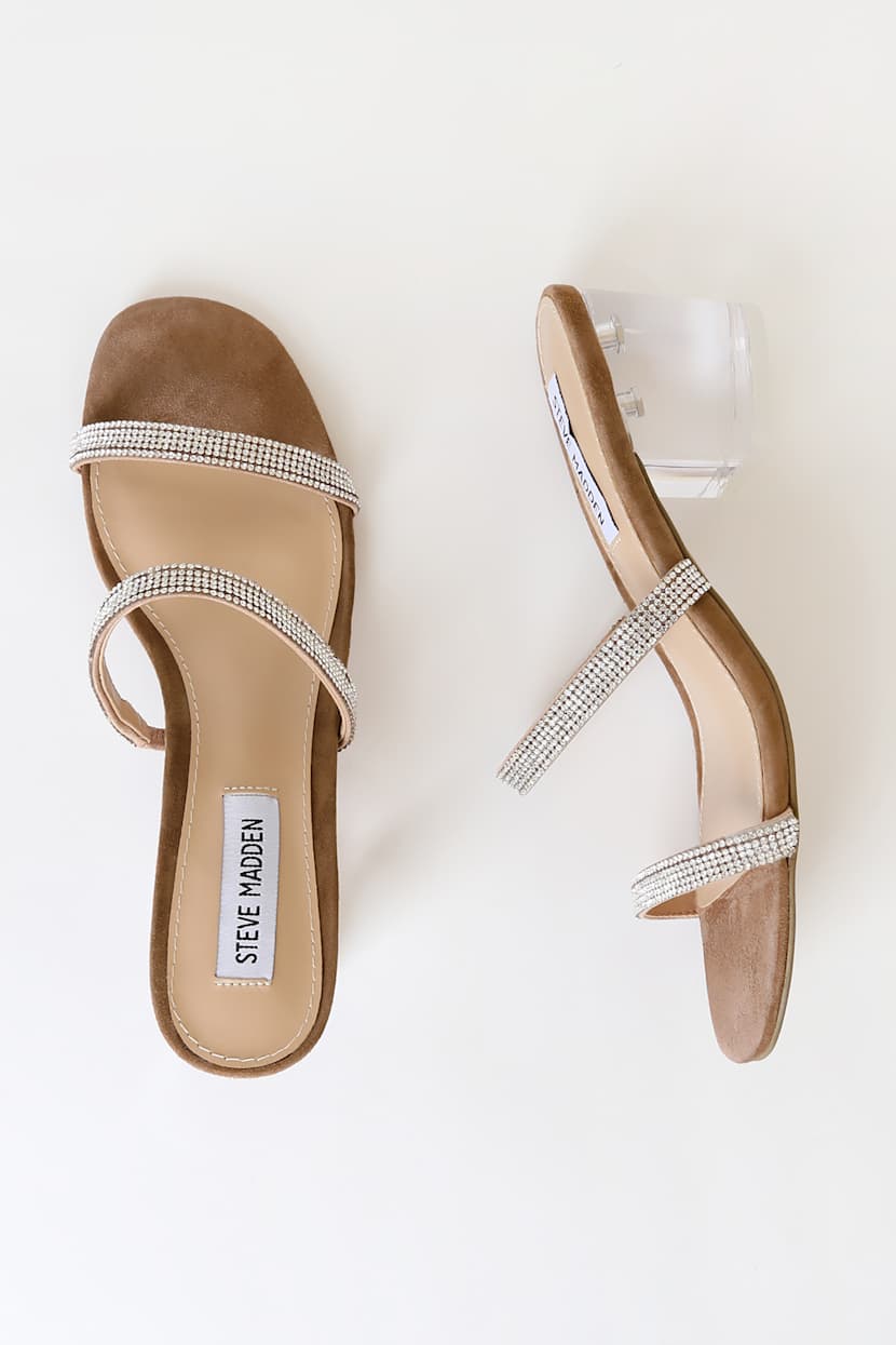Steve Madden Issy-R Beige Rhinestone Mules Clear Block Heels