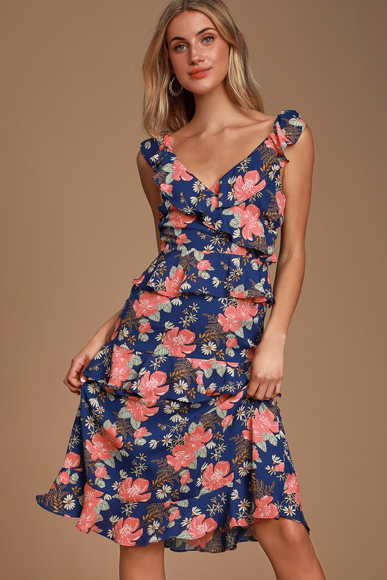 Cute Navy Floral Print Dress - Ruffled Dress - Ruffled Midi Dress - Lulus