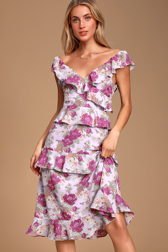 Fleur-Evermore Lavender Floral Print Ruffled Midi Dress