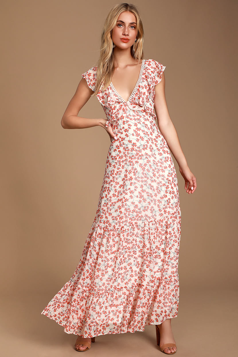 Cute Red and White Maxi Dress - Floral Maxi - Chiffon Maxi -