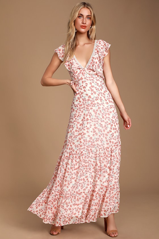 Darling Daydream Red and White Floral Print Ruffled Maxi Dress 7