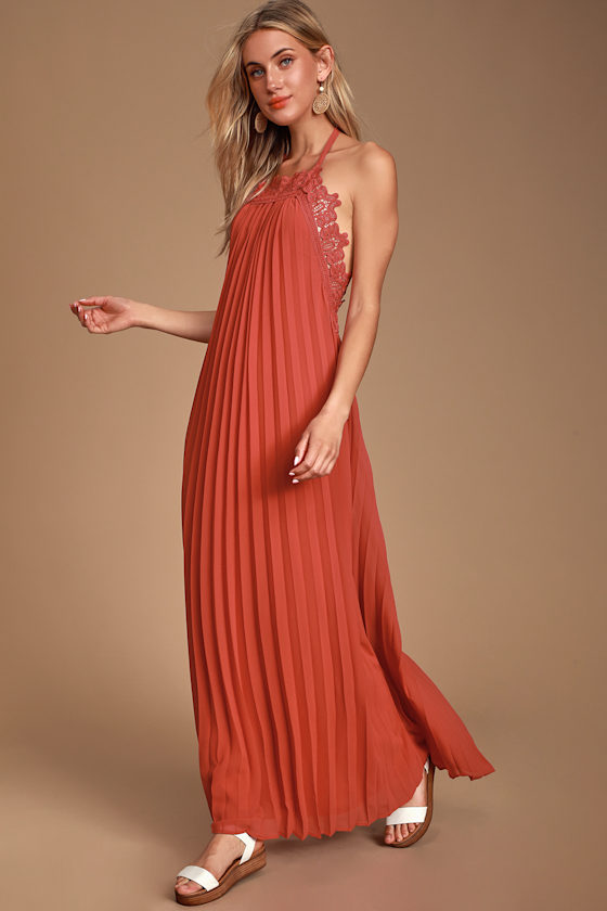 Encinitas Rust Red Lace Pleated Halter Maxi Dress 6