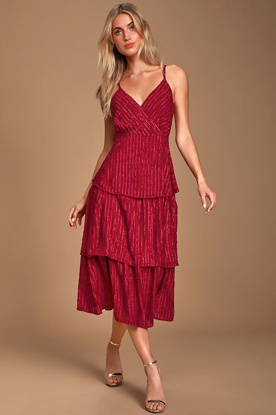 Blaine Wine Red Striped Tiered Midi Dress 8