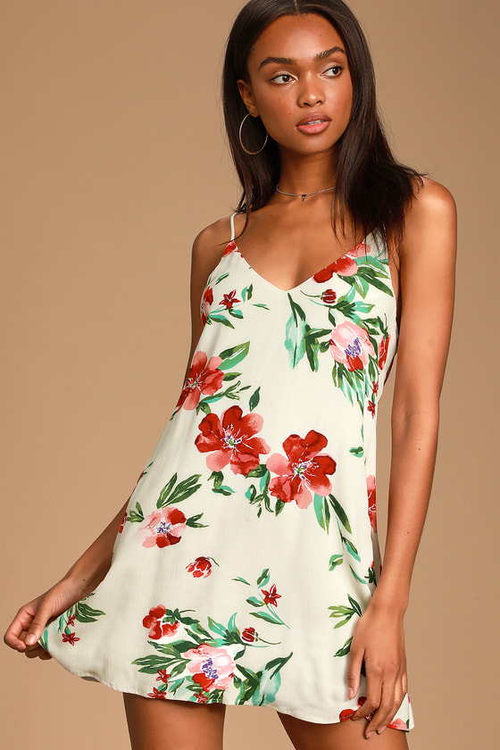 Lulus Cream Floral Print Dress - Sleeveless Shift Dress - Dress