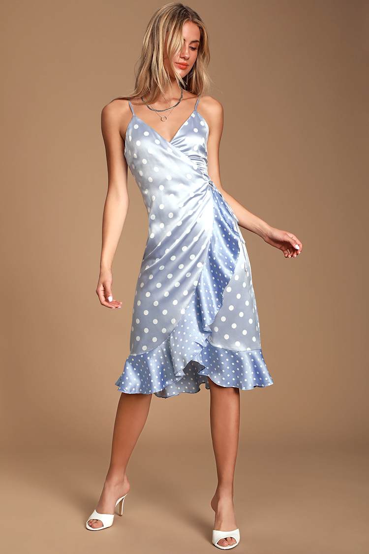 blue satin polka dot dress Widow Lace Dress Midi Lace Up Back