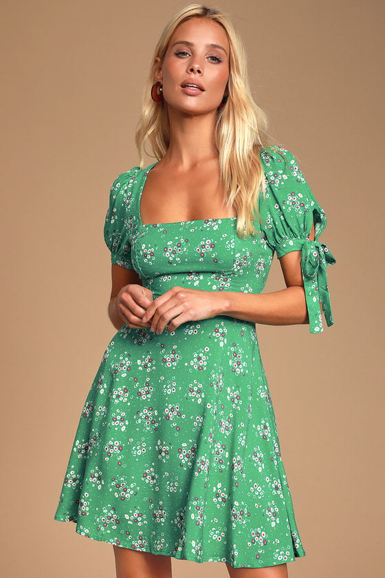 Green Mini Dress - Floral Print Skater Dress - Mini Dress - Lulus