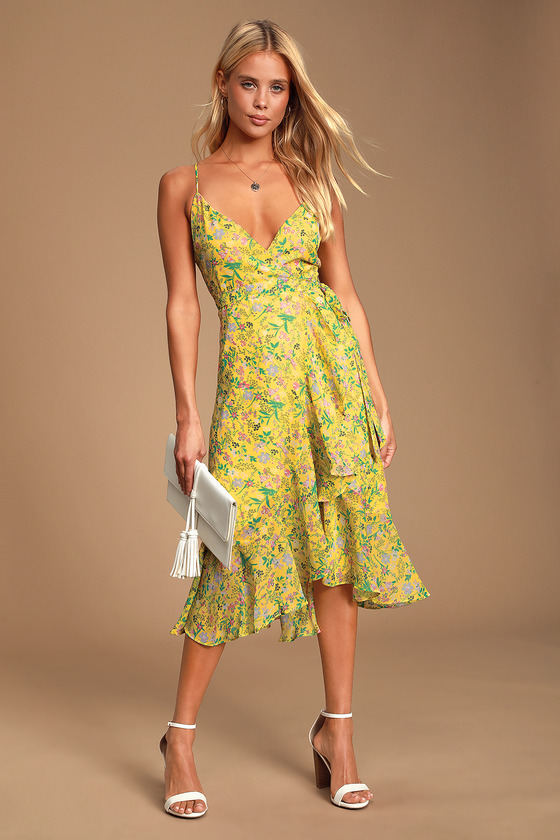 Alexandria Yellow Floral Print Midi Wrap Dress