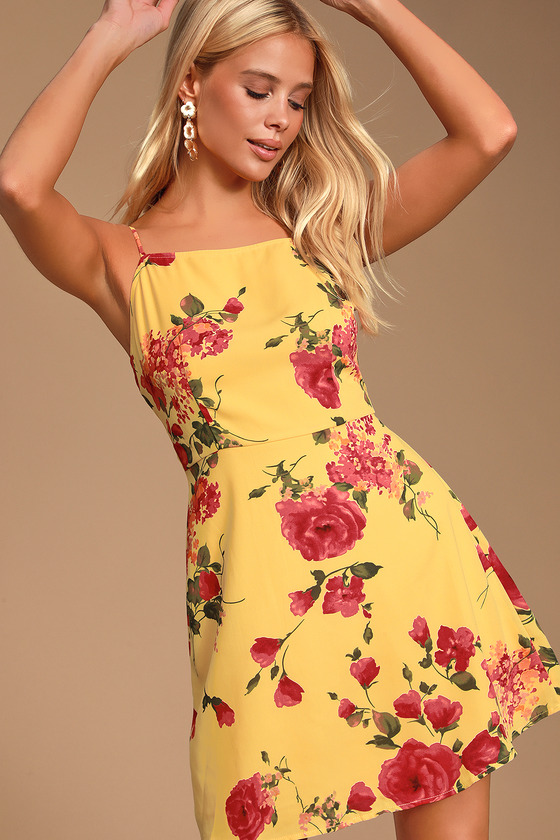 Cute Yellow Floral Print Dress - Floral Mini Dress - Sheath Dress - Lulus