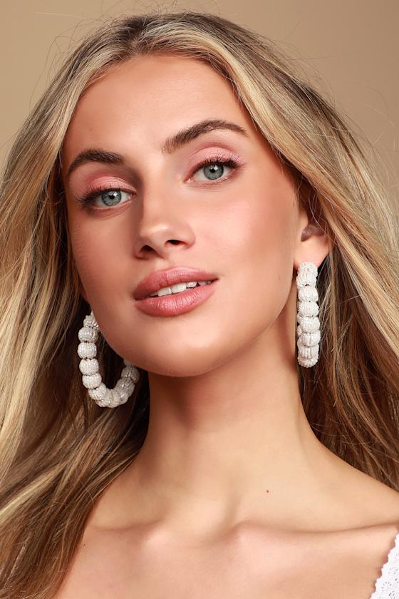 Tea Time White Beaded Hoop Earrings 1