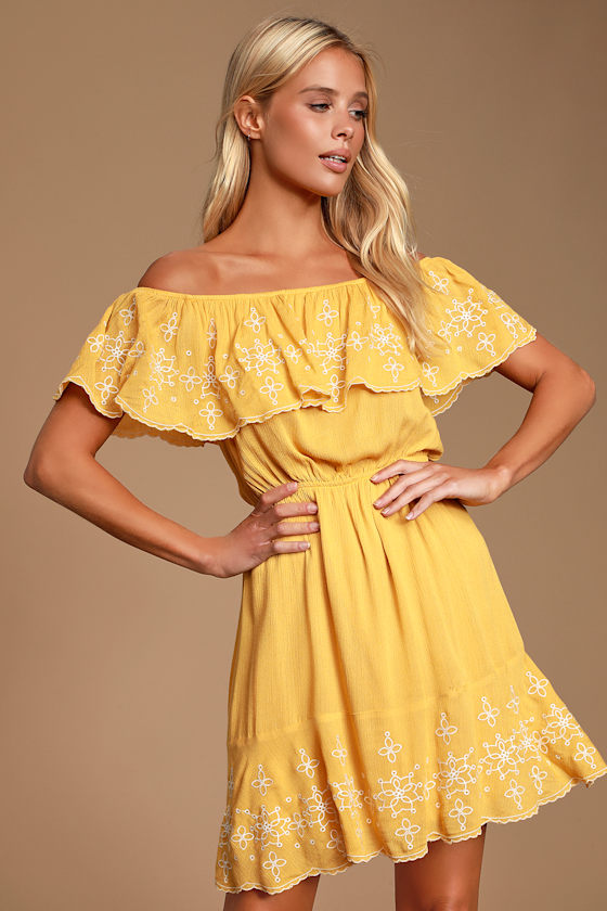Layla Mustard Yellow Ruffle Embroidered Skater Dress 6