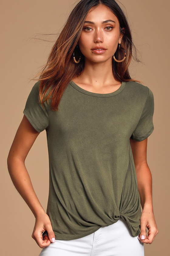 Lulus Olive Green T-Shirt - Knotted Tee - Trendy T-Shirt