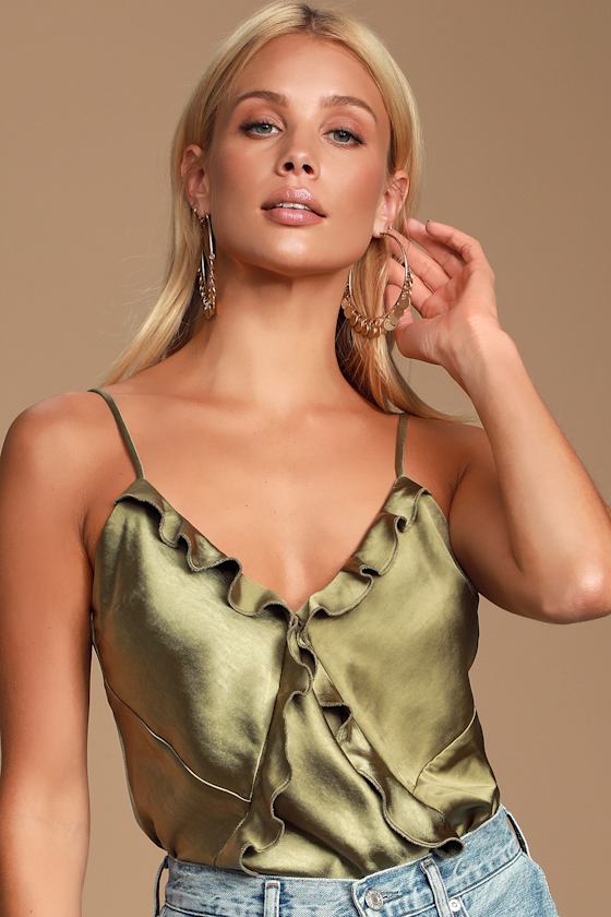 Cascadia Olive Green Satin Ruffled Top 3