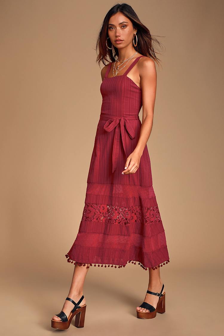 wine lace midi dress Wine Layered Lace Midi Dress with Details Skirt & Stiletto