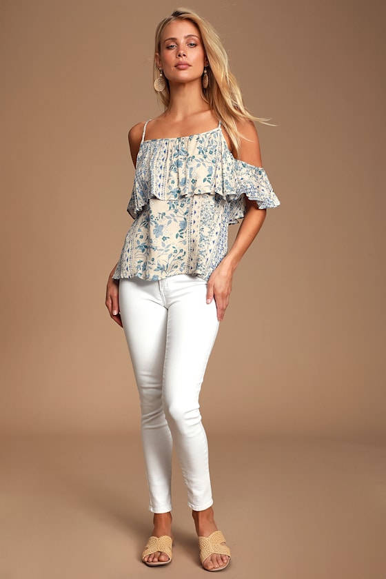 Addeline Cream and Blue Floral Print Off-the-Shoulder Top 1