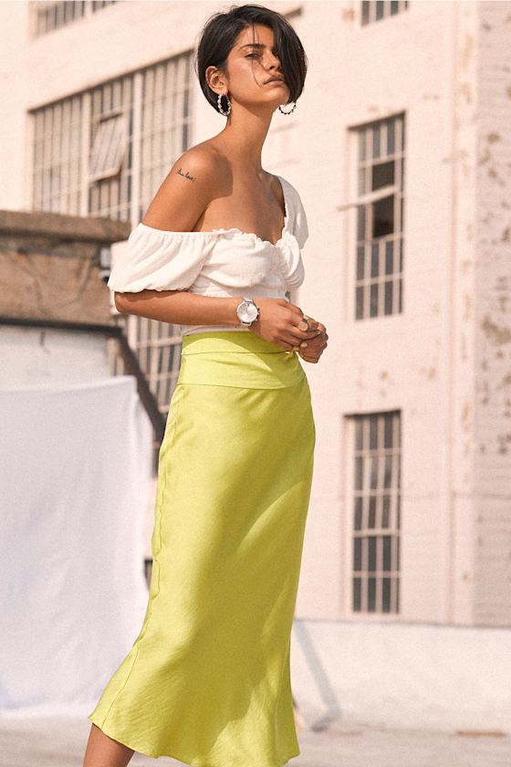Normani Bias Lime Satin Midi Skirt 5