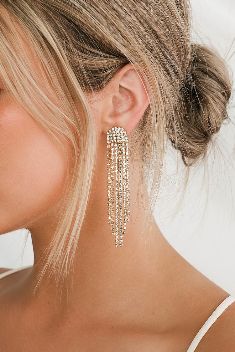 Petit Moments Glitz - Gold Rhinestone Earrings - Tassel Earrings - Lulus