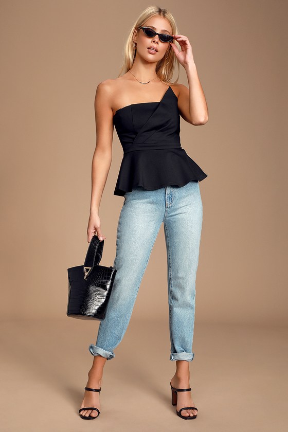 Black strapless sales peplum top