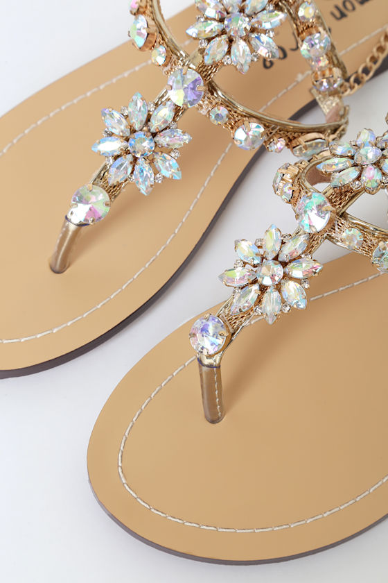 Pattn Gold Rhinestone Flat Sandals 1