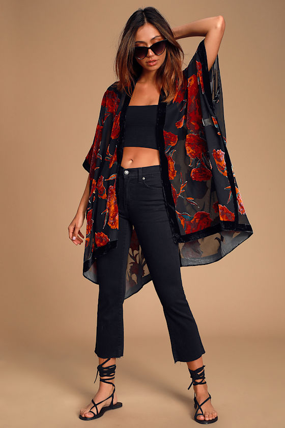 Black Kimono Top Velvet Floral Print Kimono OpenFront Top Lulus