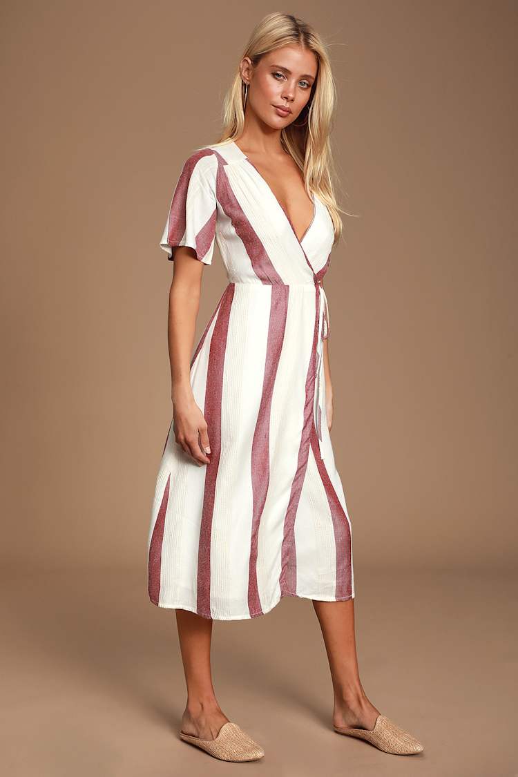 red and cream striped dress Lulus Cream and Red Striped Dress - Wrap Dress