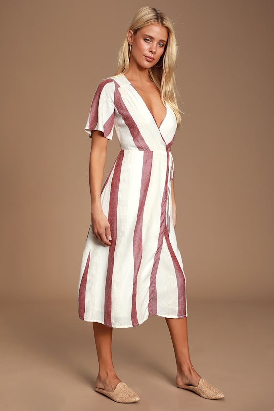 Caleta Red and Cream Striped Wrap Midi Dress 5