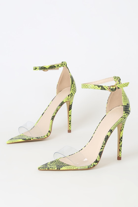 neon yellow snake print heels