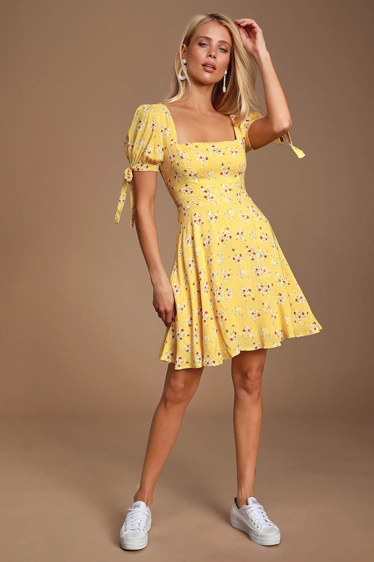 yellow floral skater dress Yellow Floral Print Skater Dress