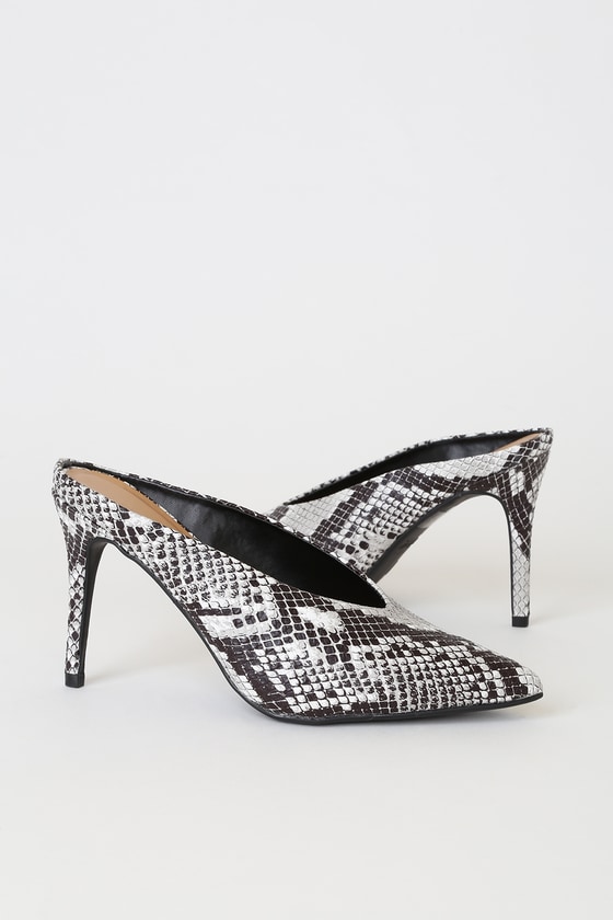 snake print pointed heels
