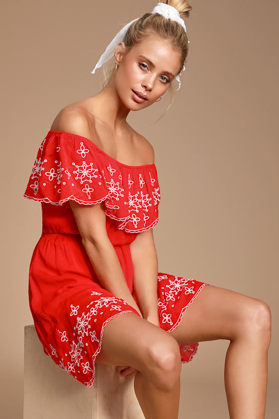 Layla Red Ruffle Embroidered Skater Dress 6