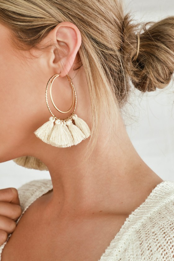 Cute Tassel Earrings Ivory Tassel Earrings Gold Hoop Earrings Lulus