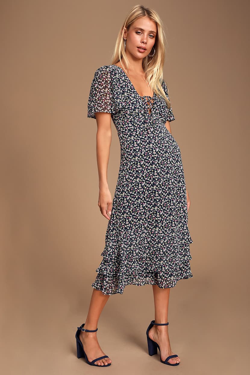Lovely Navy Blue Floral Dress - Midi Dress - Lace-Up Dress - Lulus