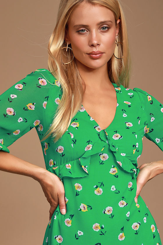 Cute Green Floral Print Dress Long Sleeve Dress Mini Dress Lulus