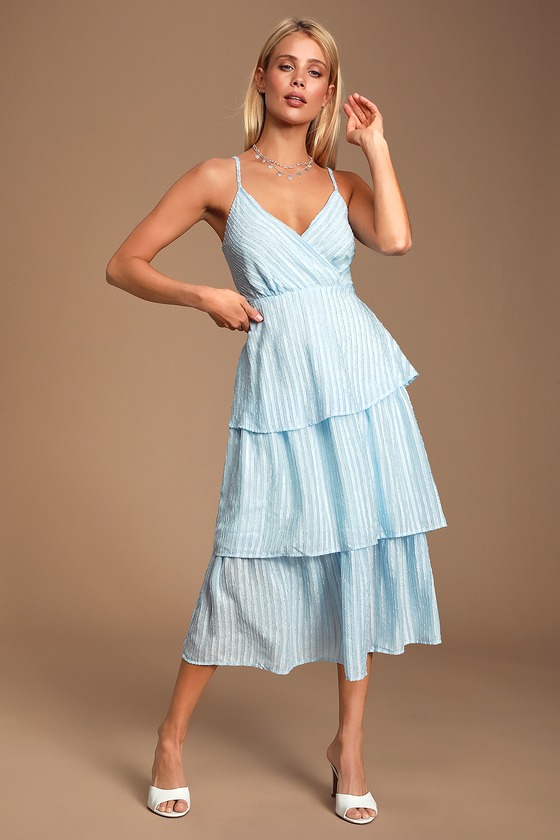 Light Blue Dress - Striped Dress - Midi Dress - Tiered Midi - Lulus