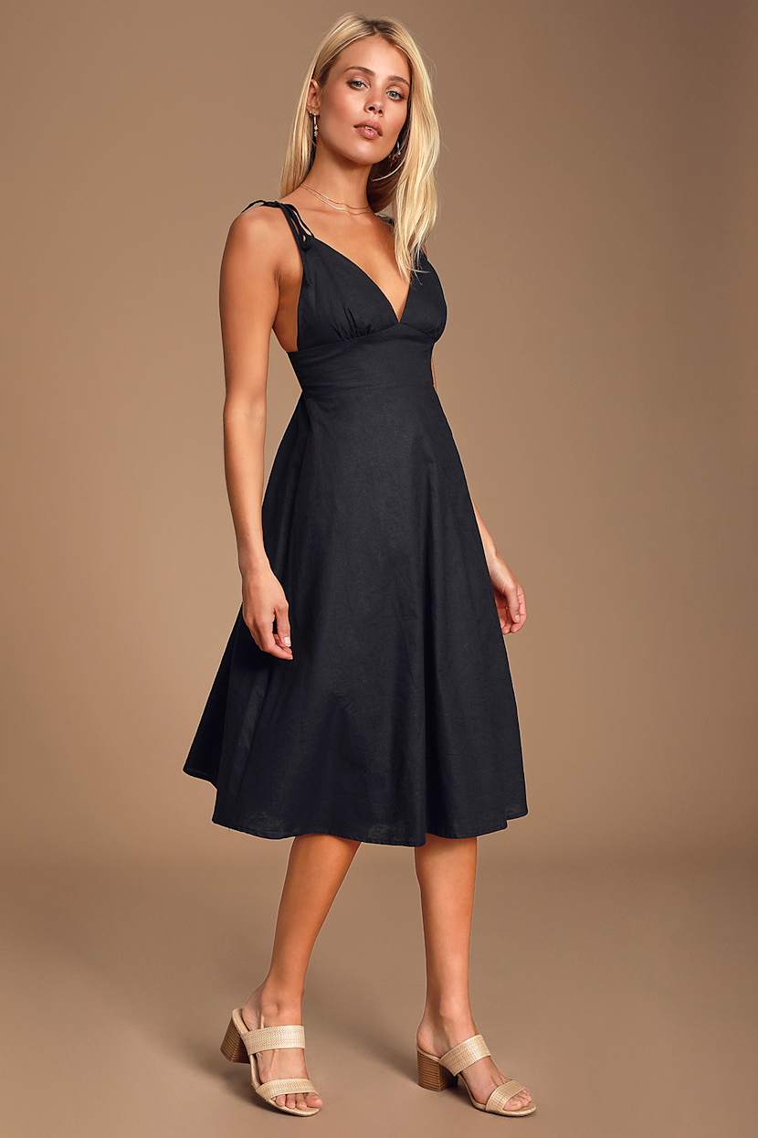 black midi skater dress Black boohoo Linen Ruched Drop Hem Midi Skater Dress