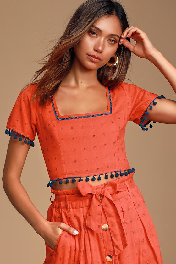 Sunset Island Red Orange Embroidered Pompom Crop Top 8