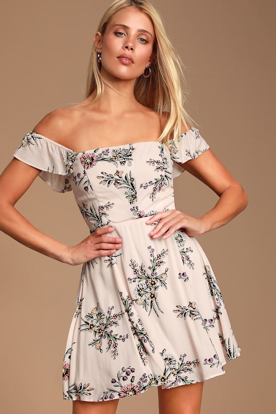 Light Pink Floral Dress - Off-the-Shoulder Dress - Mini Dress - Lulus