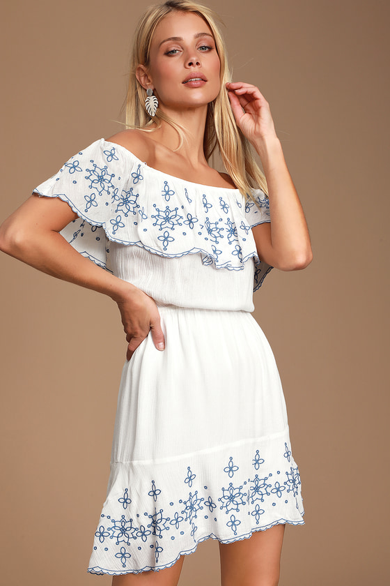 Layla Blue and White Ruffle Embroidered Skater Dress