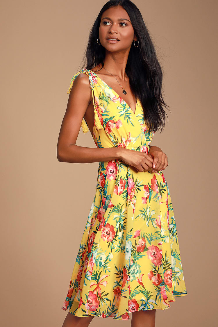 Yellow Tropical Print Dress - Midi Dress - Skater Dress - Dress - Lulus
