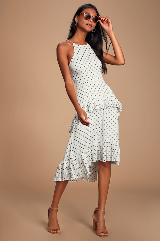 Envy White and Green Polka Dot Ruffled Midi Dress 5